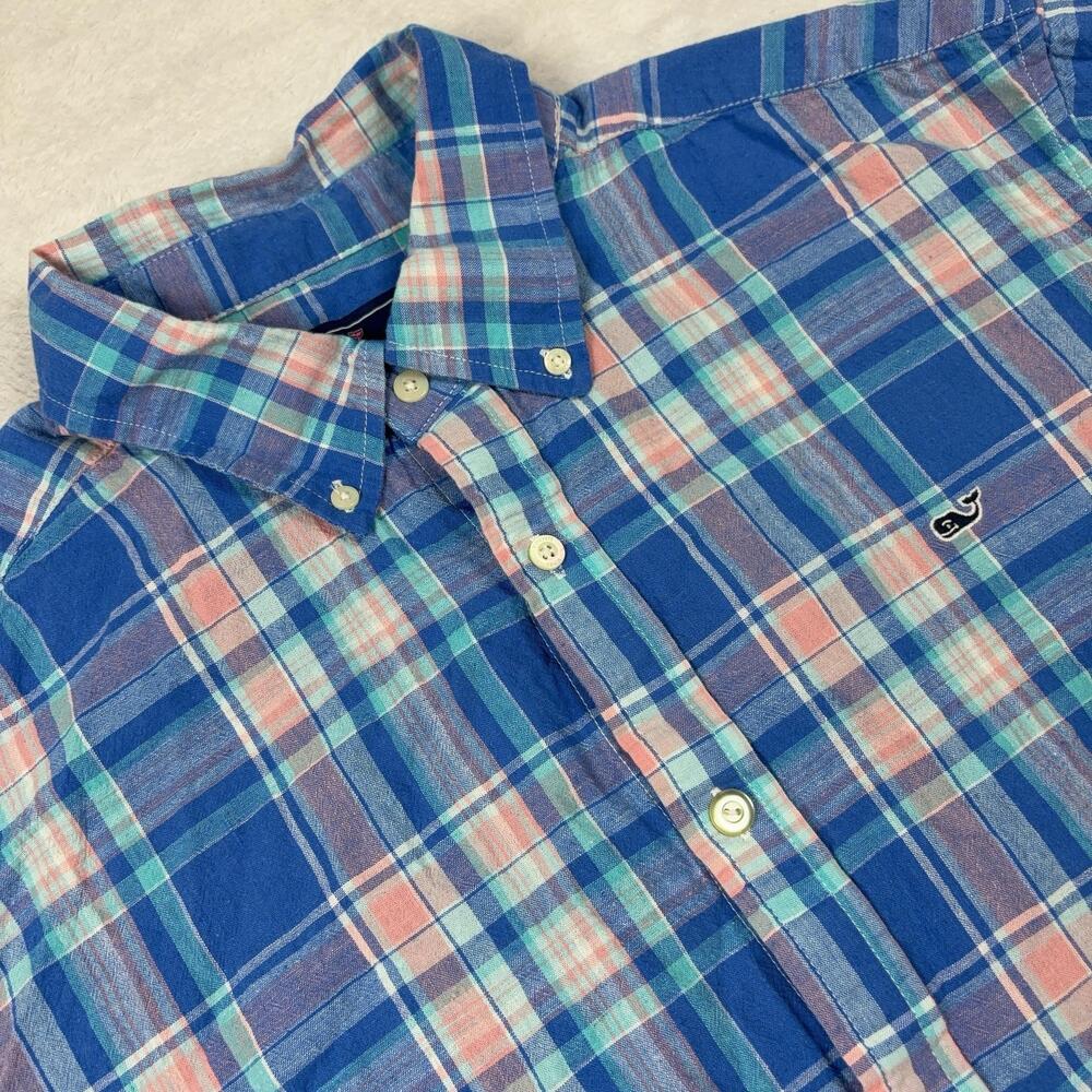 Vineyard Vines Whale Shirt Men 2XL Blue Plaid Short Sleeve Button Up Relaxed Fit